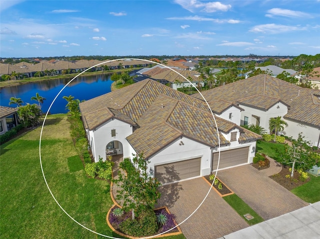 aerial view featuring a water view