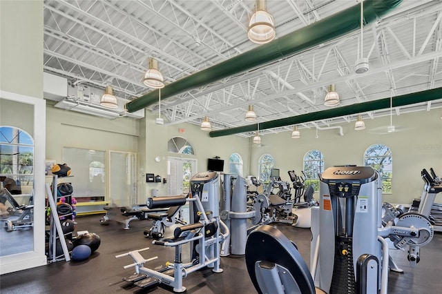 workout area featuring a towering ceiling