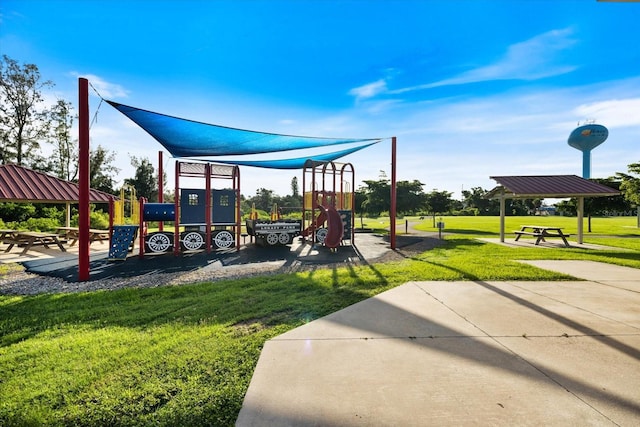 view of play area featuring a lawn