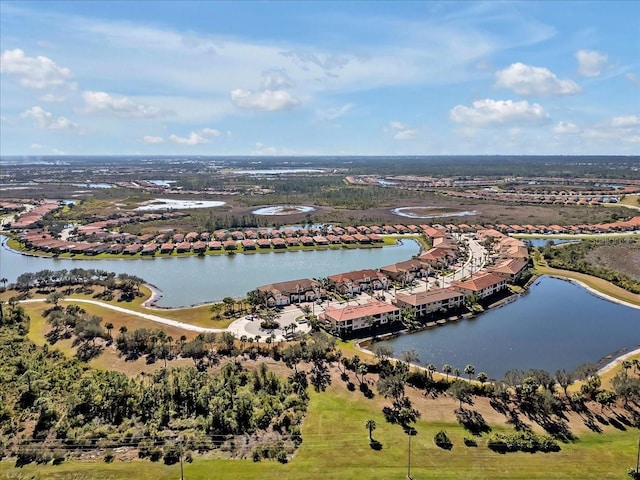 drone / aerial view featuring a water view