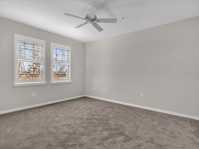 unfurnished room featuring ceiling fan and carpet flooring