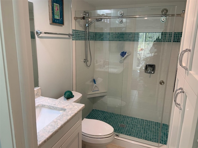 bathroom featuring vanity, toilet, and walk in shower