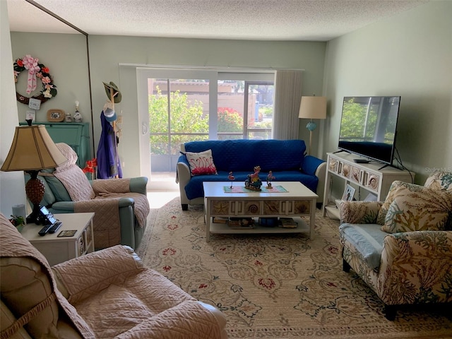 living room with carpet flooring and a textured ceiling