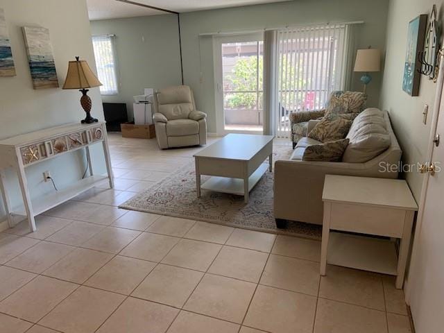 living area featuring plenty of natural light and tile patterned floors