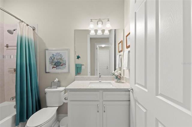 full bathroom with shower / bathtub combination with curtain, vanity, and toilet