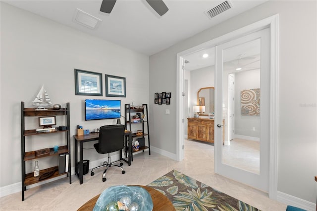 office with light tile patterned floors, french doors, and ceiling fan