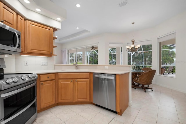 kitchen featuring sink, decorative light fixtures, appliances with stainless steel finishes, kitchen peninsula, and decorative backsplash