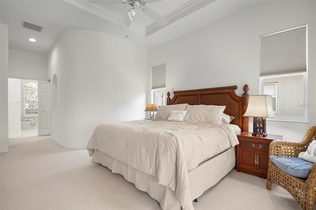 bedroom with light colored carpet and ceiling fan