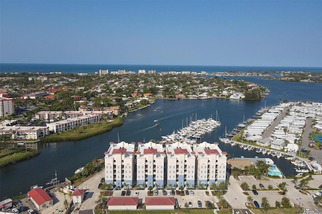 drone / aerial view with a water view