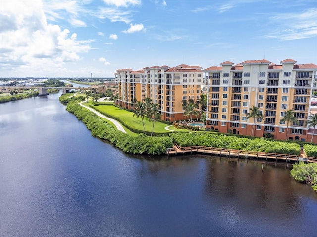 aerial view featuring a water view