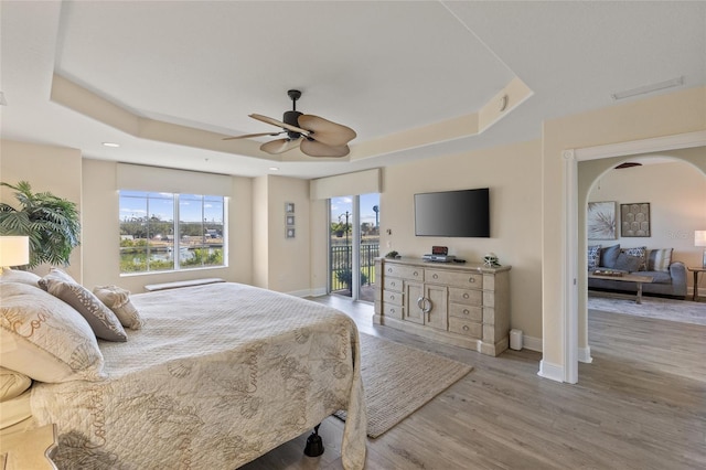 bedroom with multiple windows, access to exterior, and a tray ceiling