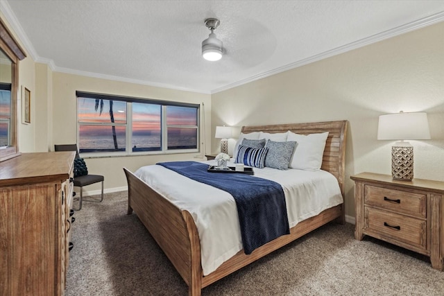 bedroom with crown molding, carpet, ceiling fan, and a textured ceiling