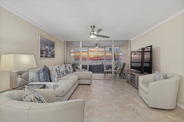 living room featuring crown molding, ceiling fan, floor to ceiling windows, and a textured ceiling