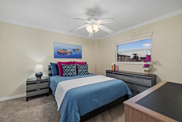 bedroom featuring ceiling fan, ornamental molding, and carpet flooring