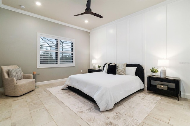 bedroom with ceiling fan and ornamental molding