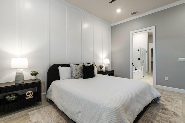 bedroom featuring crown molding, ensuite bath, and ceiling fan