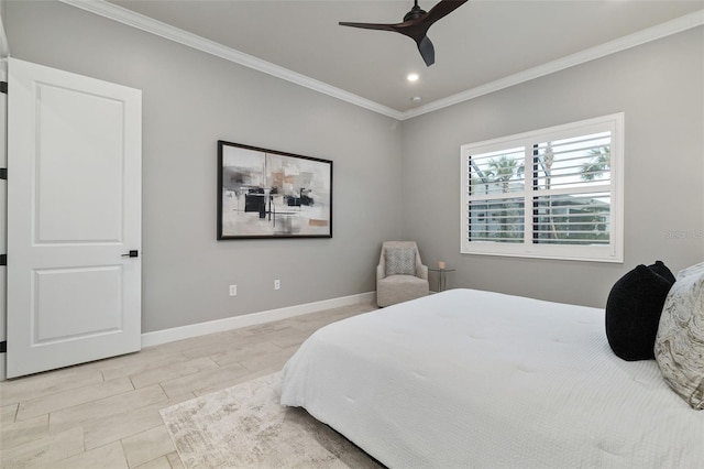 bedroom with ceiling fan and ornamental molding