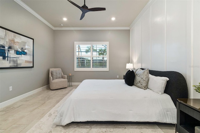 bedroom with ornamental molding and ceiling fan