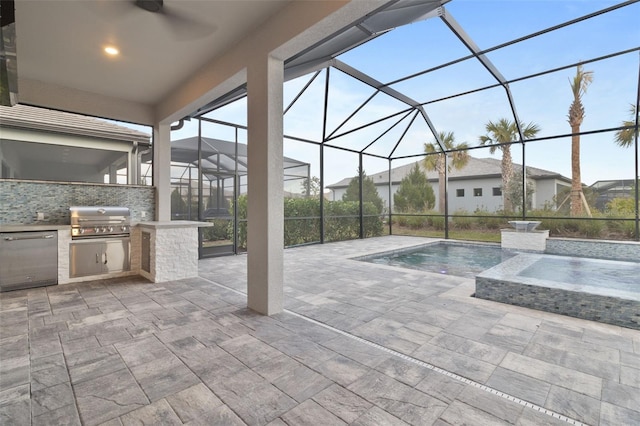 view of swimming pool with area for grilling, a grill, a lanai, and a patio area