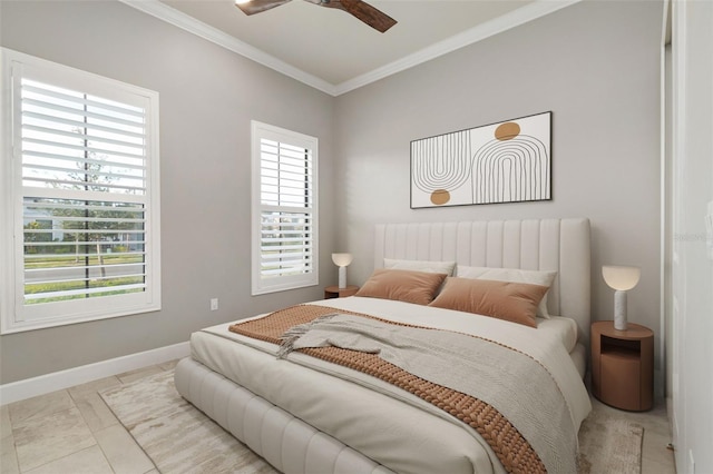 bedroom with crown molding, light tile patterned floors, and ceiling fan