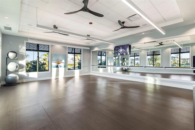 workout area with a tray ceiling, plenty of natural light, and ceiling fan