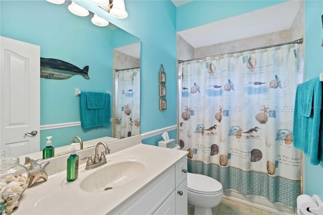 full bathroom featuring vanity, tile patterned flooring, toilet, and shower / bathtub combination with curtain