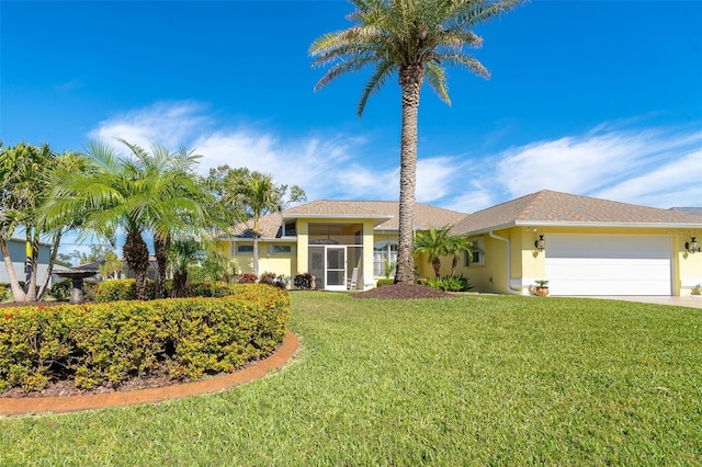 single story home featuring a garage and a front lawn