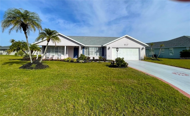 ranch-style home featuring a garage and a front yard