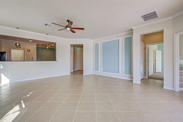 unfurnished living room featuring light tile patterned floors, crown molding, and ceiling fan