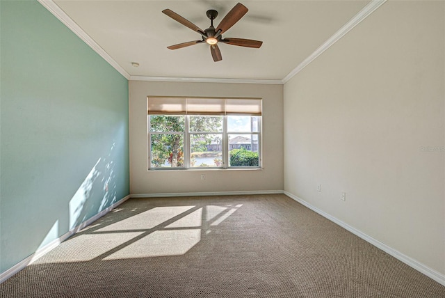 empty room featuring crown molding, ceiling fan, and carpet