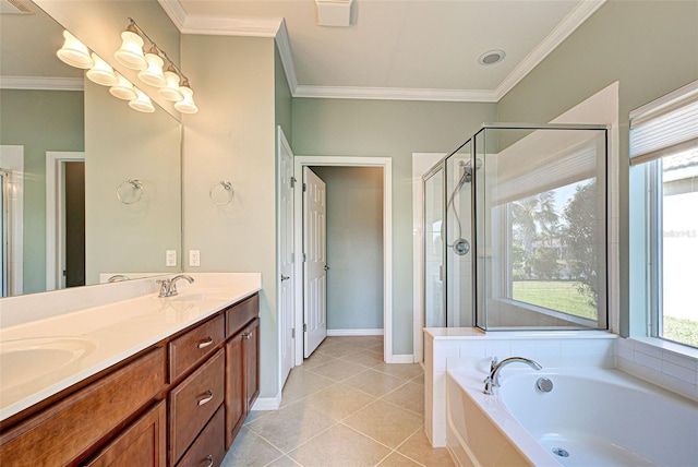 bathroom with crown molding, tile patterned floors, vanity, and independent shower and bath