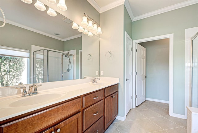 bathroom featuring crown molding, an enclosed shower, tile patterned floors, and vanity