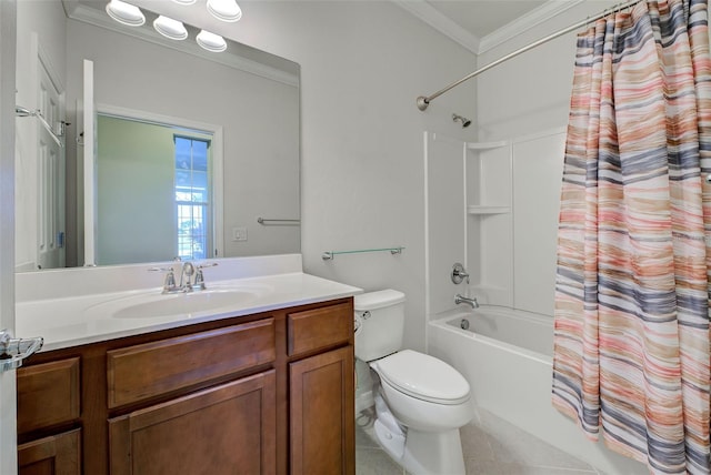 full bathroom with ornamental molding, toilet, shower / tub combo, and vanity