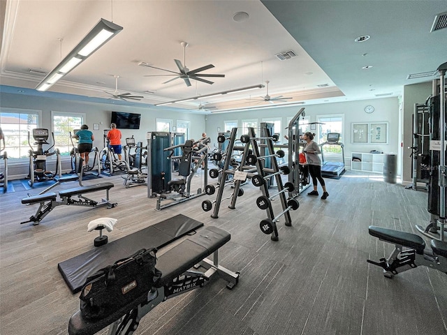 exercise room with a raised ceiling