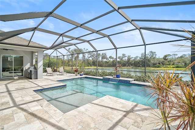 view of pool with a water view, a lanai, and a patio