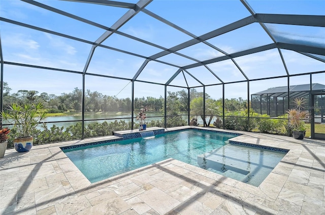 view of swimming pool featuring a hot tub, a patio, a water view, and glass enclosure