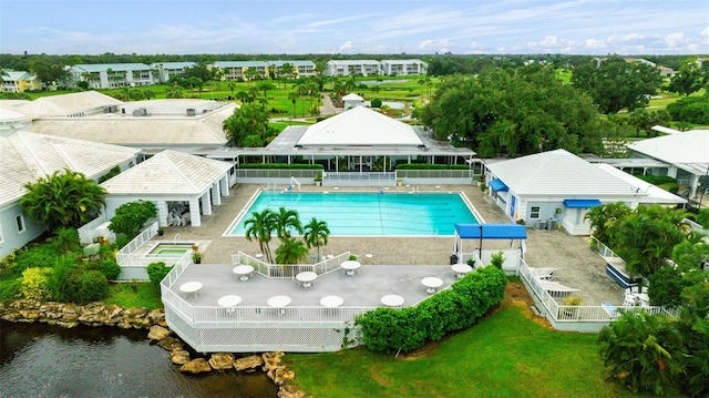 aerial view featuring a water view