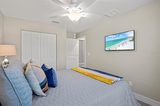 bedroom featuring ceiling fan and a closet