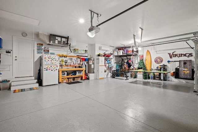 garage with a garage door opener, water heater, and white refrigerator