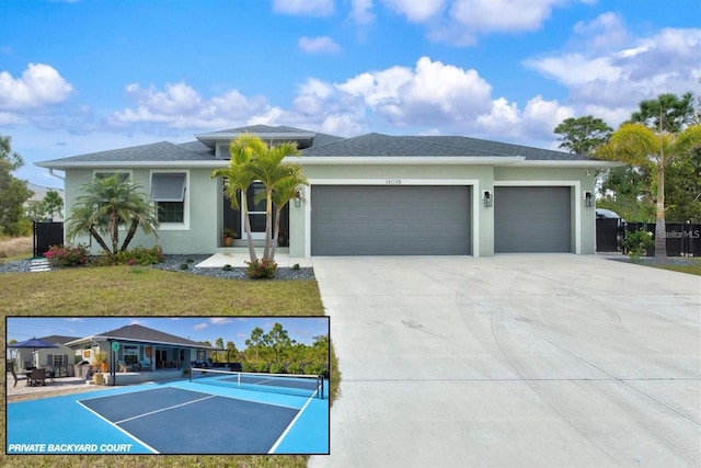 view of front of house featuring tennis court