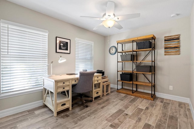 office featuring ceiling fan and light wood-type flooring