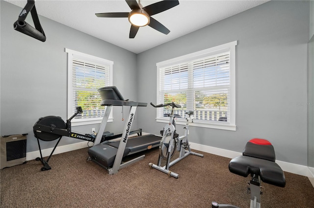 workout room featuring plenty of natural light and ceiling fan