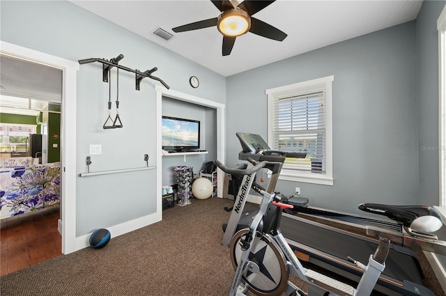 exercise area with carpet floors and ceiling fan