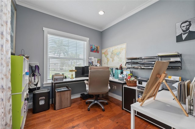 office area featuring hardwood / wood-style flooring and ornamental molding