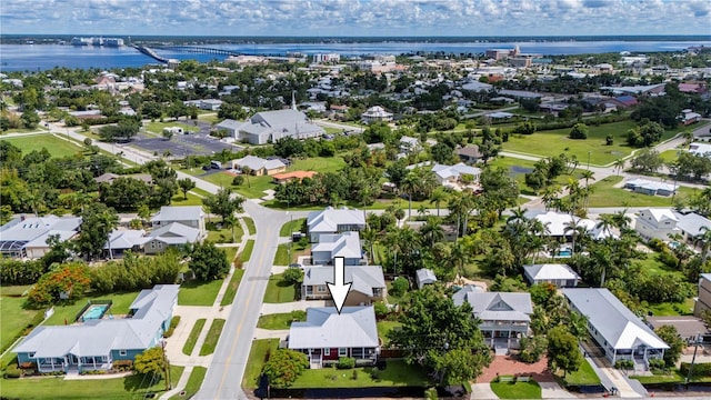 birds eye view of property featuring a water view