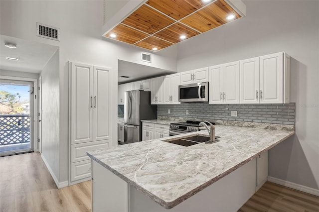 kitchen with appliances with stainless steel finishes, white cabinets, and kitchen peninsula