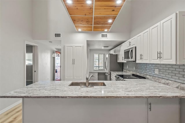 kitchen featuring wood ceiling, appliances with stainless steel finishes, white cabinetry, light stone countertops, and kitchen peninsula