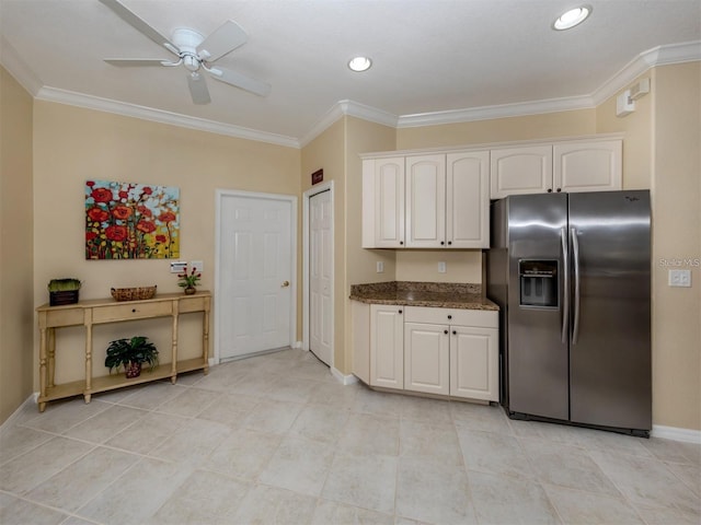 kitchen featuring white cabinetry, crown molding, and stainless steel refrigerator with ice dispenser