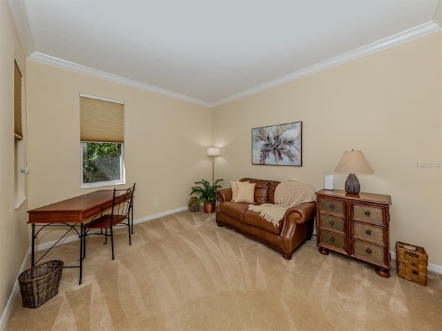 sitting room featuring light carpet and ornamental molding