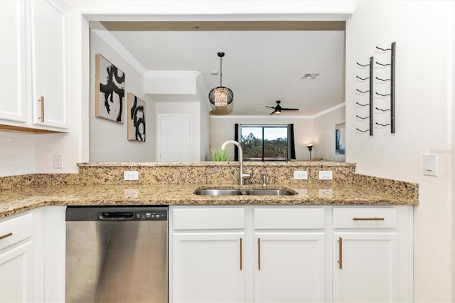 kitchen featuring white cabinetry, sink, stainless steel dishwasher, and light stone countertops